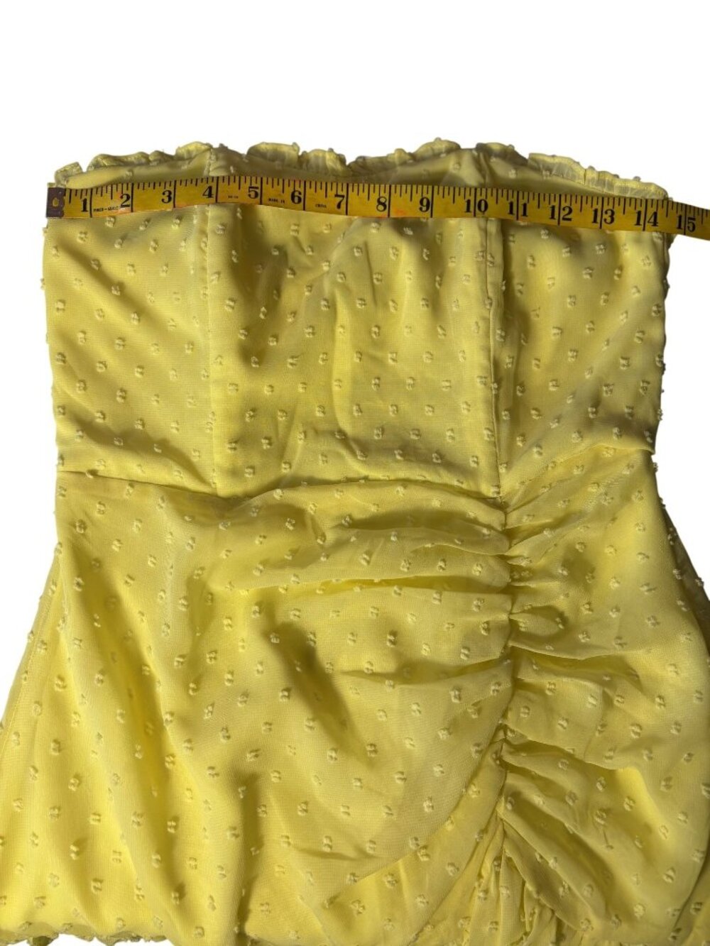 Hello Molly Face On Magazines Strapless Yellow Mini Dress Ruffle Hem Ruching - Picture 8 of 13